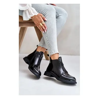 Leather patent leather women's ankle boots with zip D&A black