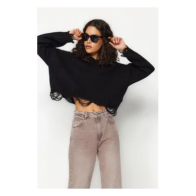 Trendyol Black Crop Super Wide Fit Soft Textured Knitwear Sweater