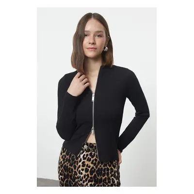 Trendyol Black Zipper Collar Slim/Fitting Regular/Normal Length Knitted Blouse