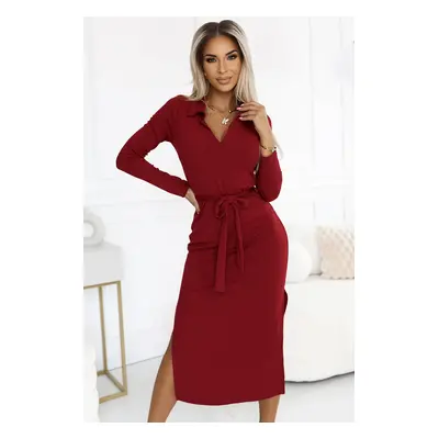 560-1 Classic midi dress with collar and tie - BORDO