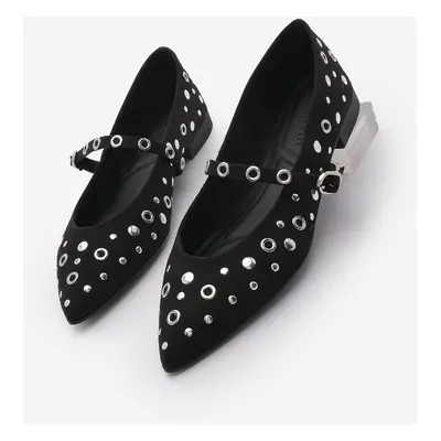 Marjin Women's Pointed Toe Banded Studded Trocque Casual Ballerinas Laventus Black Suede