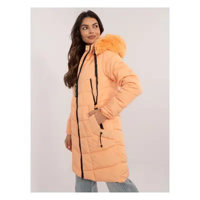 Light orange quilted winter jacket with fur