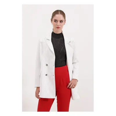 Bigdart Women's White Double Buttoned Striped Blazer Jacket