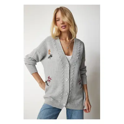 Happiness İstanbul Women's Gray Floral Embroidered Textured Knitwear Cardigan