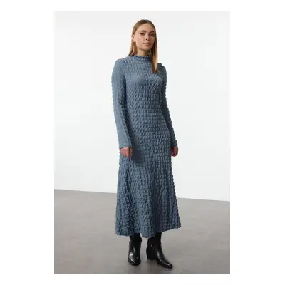 Trendyol Indigo Plain Textured Stand Collar A-Line Flexible Maxi Knit Dress