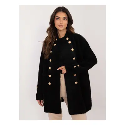 Black double-breasted alpaca coat with buttons