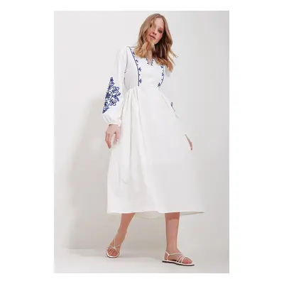 Trend Alaçatı Stili Women's White V-Neck Inner Lined Linen Embroidery Midi Length Dress