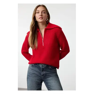 Trendyol Red Wool Wide Pattern Turn-down Collar Zippered Knitwear Sweater