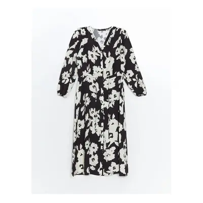 LC Waikiki LCWAIKIKI Classic Black Printed V Neck Floral Oversize Women's Dress