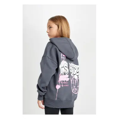 DEFACTO Girl Ecru Oversize Fit Wide Mold Back Printed Hooded Sweatshirt