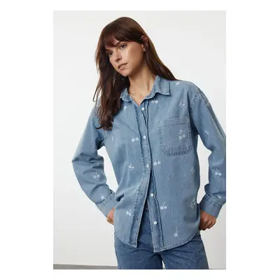 Trendyol Light Blue Floral Embroidered Denim Shirt