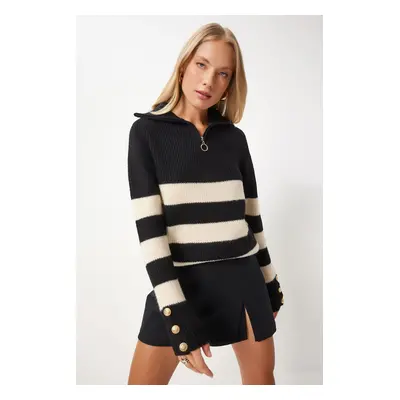 Happiness İstanbul Women's Black Cream Zipper Turtleneck Striped Knitwear Sweater