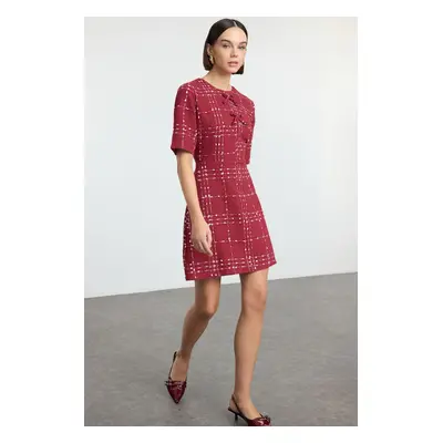 Trendyol Burgundy Plaid A-Line Bow Detailed Mini Woven Tweed Dress