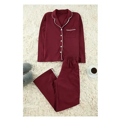 Trendyol Claret Red 100% Cotton Piping Detailed Knitted Pajama Set