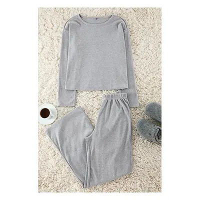 Trendyol Grey Melange Ribbed Knitted Pajama Set