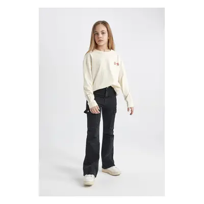 DEFACTO Girl&#39;s Cargo Flare Fit Flare Leg Jean Trousers