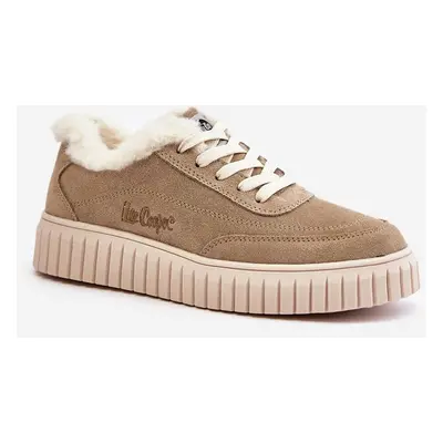 Leather women's sneakers insulated with fur Lee Cooper beige