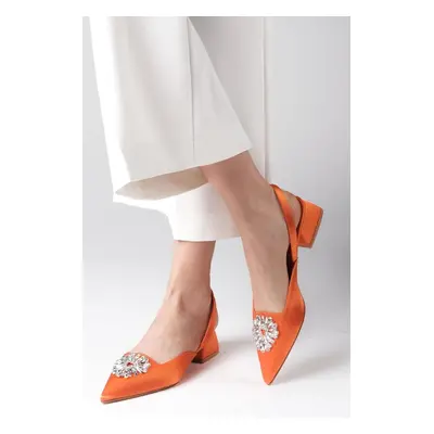 Mio Gusto Claudia Orange Color Women's Short Heeled Shoes Open Back Satin Fabric With Crystal St