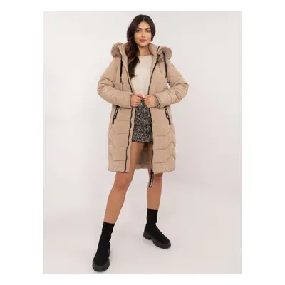 Beige women's winter jacket with fur