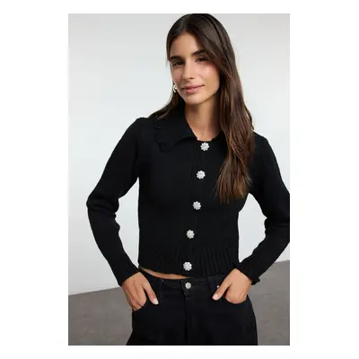 Trendyol Black Crop Soft Texture Jeweled Button Knit Cardigan