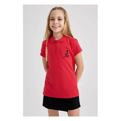 DEFACTO Girl&#39;s Atatürk Printed Pique Short Sleeve Red Polo T-Shirt