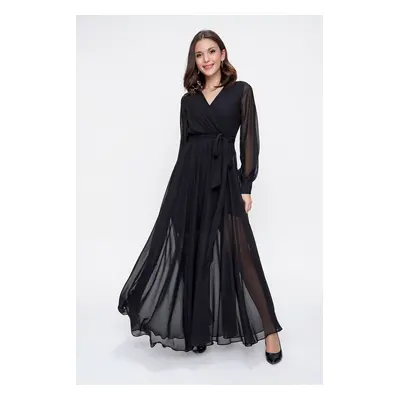 By Saygı Double Breasted Collar Long Sleeves Lined Chiffon Long Dress Black