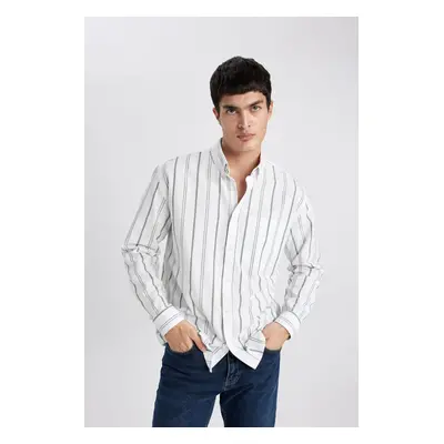 DEFACTO Relax Fit Polo Neck Striped Oxford Long Sleeve Shirt