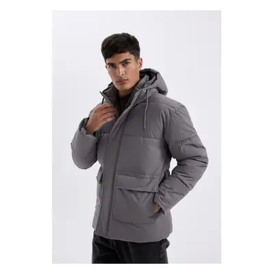 DEFACTO Slim Fit Slim Cut Hooded Zippered Double Pocket Puffer Jacket Coat