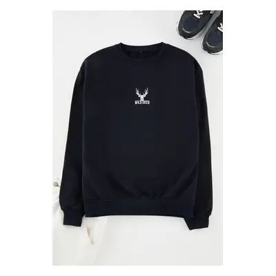 Trendyol Navy Blue Oversize/Wide Cut Crew Neck Long Sleeve Animal Embroidered Sweatshirt