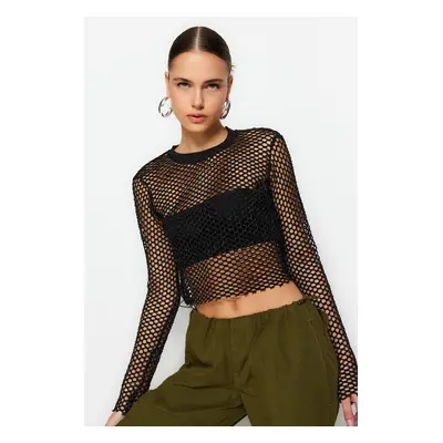 Trendyol Black Lurex Mesh Relaxed Cut Crew Neck Crop Knitted Blouse