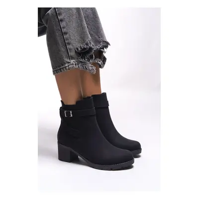 Riccon Lilixipha Women's Buckle Detailed Elastic Heeled Boots Matte Black