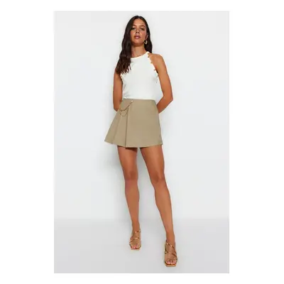 Trendyol Khaki Chain and Pleat Detailed Woven Short Skirt