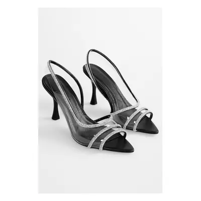 Shoeberry Women's Antoi Black Transparent Stone Heeled Shoes