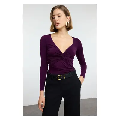 Trendyol Plum Gathered/Drape Detailed Fitted/Fits the Body Long Sleeve Flexible Knitted Blouse