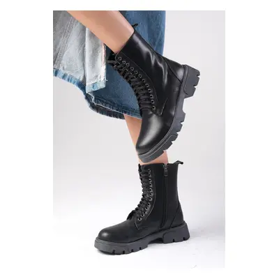 Mio Gusto Alvina Black Color Laced and Zippered Thick Soled Women's Postal Boots