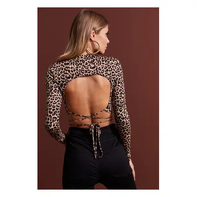 Cool & Sexy Women's Camel Decollete Leopard Patterned Crop Blouse