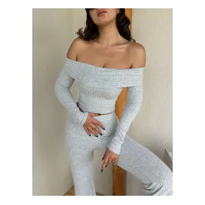 Trendyol Gray Melange Carmen Collar Body-Smoothing Flexible Ribbed Knitted Blouse