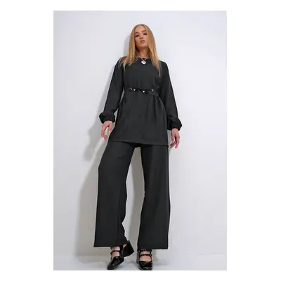 Trend Alaçatı Stili Women's Black Crew Neck Self-Belt Palazzo Trousers Tunic Suit