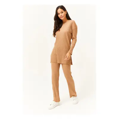 Olalook Women's Camel Top Slit Blouse Bottom Palazzo Ribbed Suit