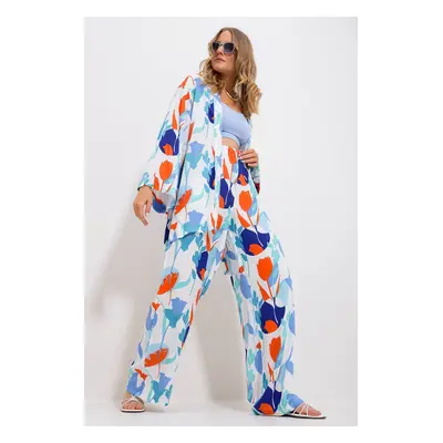 Trend Alaçatı Stili Women's Blue Kimono Jacket And Palazzo Pants Suit