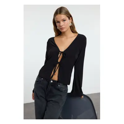 Trendyol Black Body-Sit Regular/Normal Pattern Elastic Knitted Blouse with Tie Detail