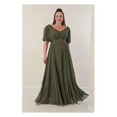 By Saygı Plus size hosszú sifon ruha elöl hátul V-nyak gyöngyös derék és elöl draped bélelt