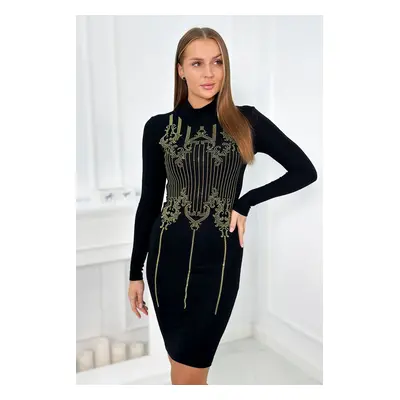 Knitted dress with a gold pattern of cubic zirconia in black color