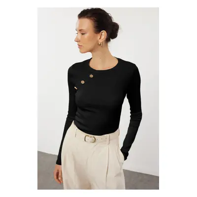 Trendyol Black Plain Fitted/Body-Sitting Raglan Sleeve Snap Detail Stretchy Knitted Blouse