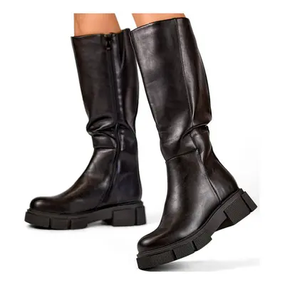 primohurt Black eco-leather boots, knee-high boots with a thick sole