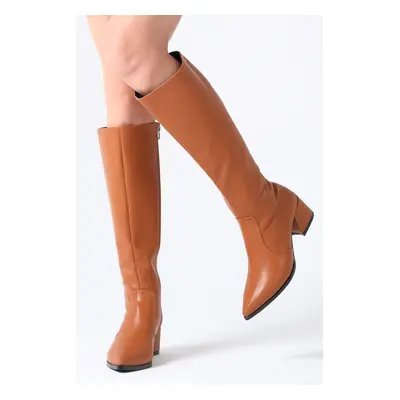 Mio Gusto Tan Women Pointed Toe Zippered At The Side Thin Lined Women's Heeled Boots.