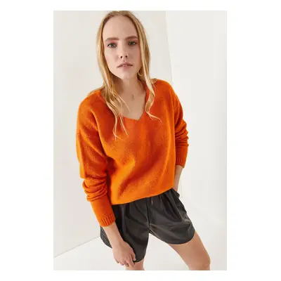 Olalook Women's Orange V-Neck Soft Textured Knitwear Sweater