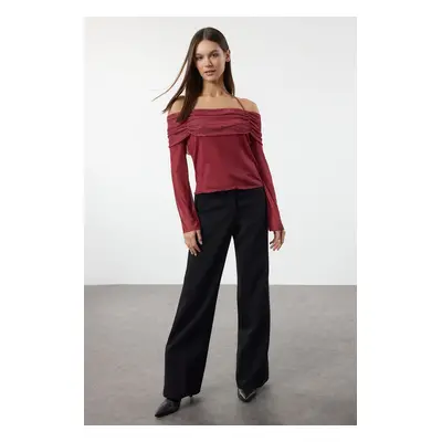 Trendyol Burgundy Flare Sleeve Tie Detail Knitted Madonna Collar Blouse