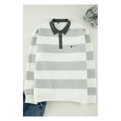 Trendyol Plus Size Ecru Regular/Normal Cut Polar Fleece Inside Cotton Striped Sweatshirt