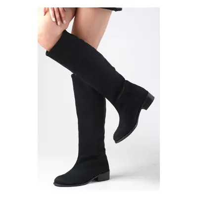 Mio Gusto Parley Black Color Suede Zipperless Riding Style Women's Flat Heel Boots